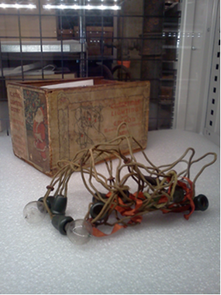 A vintage string of Christmas tree lights on display at the Thomas Edison National Historical Park in West Orange, NJ