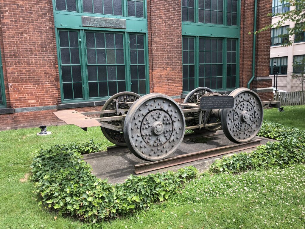 The trucks of the second commercial electric railroad locomotive, built by Thomas Edison and operated with freight and passenger cars on over three miles of railroad at Menlo Park in 1882 via Thomas Edison National Historical Park.