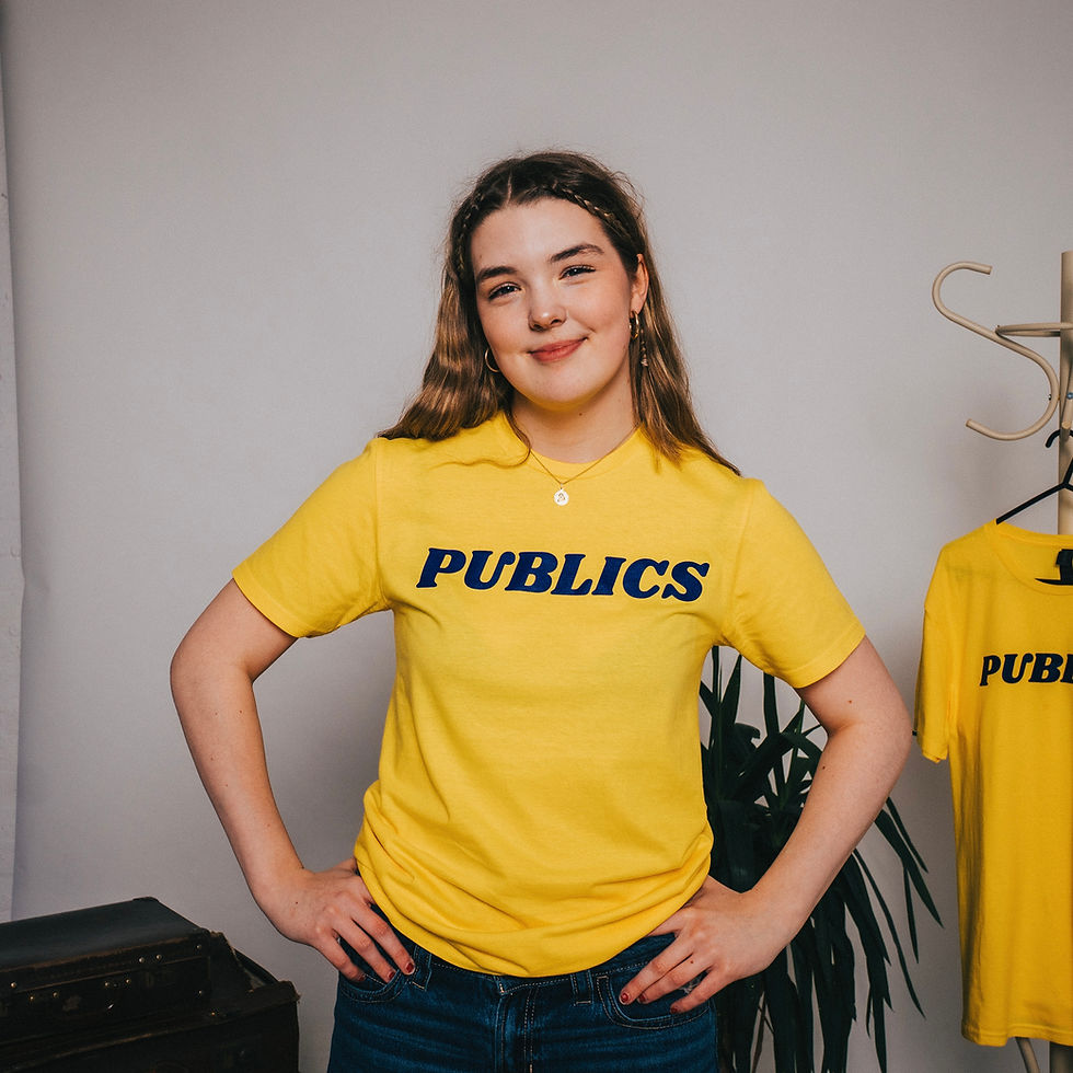 A Female model wearing The Publics Classic T-Shirt in Yellow/Blue