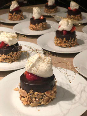 Decadent Flourless Chocolate Cake, <Macerated Strawberries, Chantilly Cream & Spun Sugar