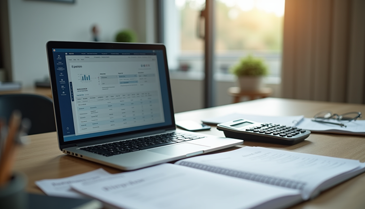 Eye-level view of a desk with a laptop displaying bookkeeping software and a CPA’s calculator nearby