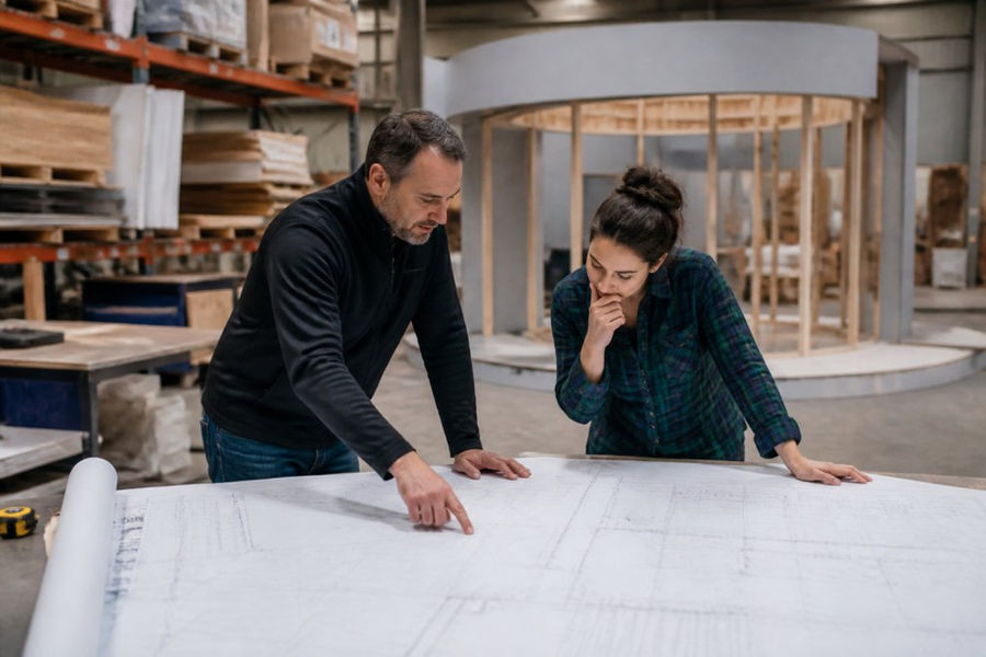 A production manager and designer reviewing large-format fabrication blueprints spread across a work table in a fabrication facility, with booth structure components visible in the background