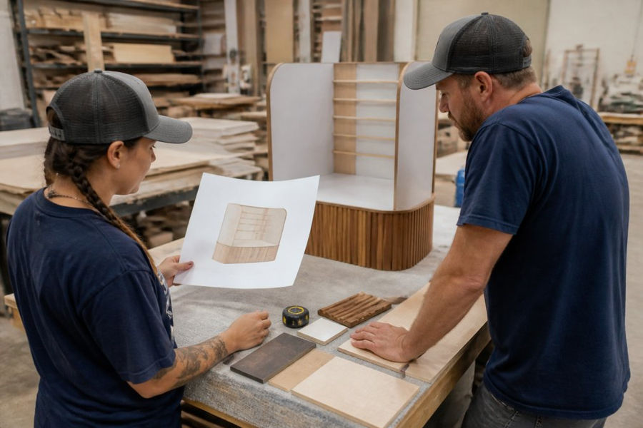 A fabrication team in a production shop reviewing a printed retail display rendering next to a partially assembled millwork fixture, tape measure and material samples on the workbench