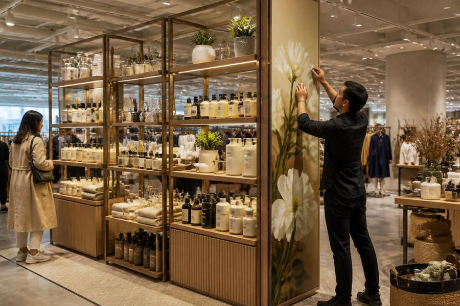 A branded shop-in-shop display installed inside a busy retail store, with shoppers browsing products on modular shelving and a store employee adjusting a graphic panel