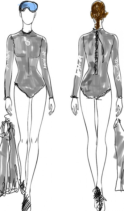 Design drawing of the Wai-Lā Signature Rashguard in Charcoal black with back zipper