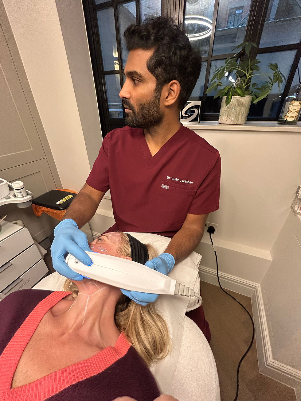 Dr Nathan gently guided the laser over all areas of my face, reaching the lowest levels of the dermis to restore collagen at its roots. It felt hot and a little prickly but largely painless. It is a non-invasive treatment with no downtime except some slight reddening of the skin.