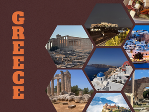 Collage of Greece with Acropolis, ruins, coastlines, and Greek salad. Bold "GREECE" text on a maroon background. Classic, historic vibe.