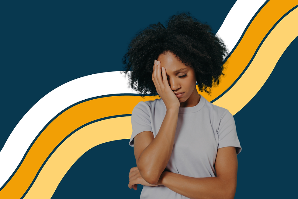 Tired woman with curly hair covers one eye, standing before a blue background with white and yellow wavy stripes.