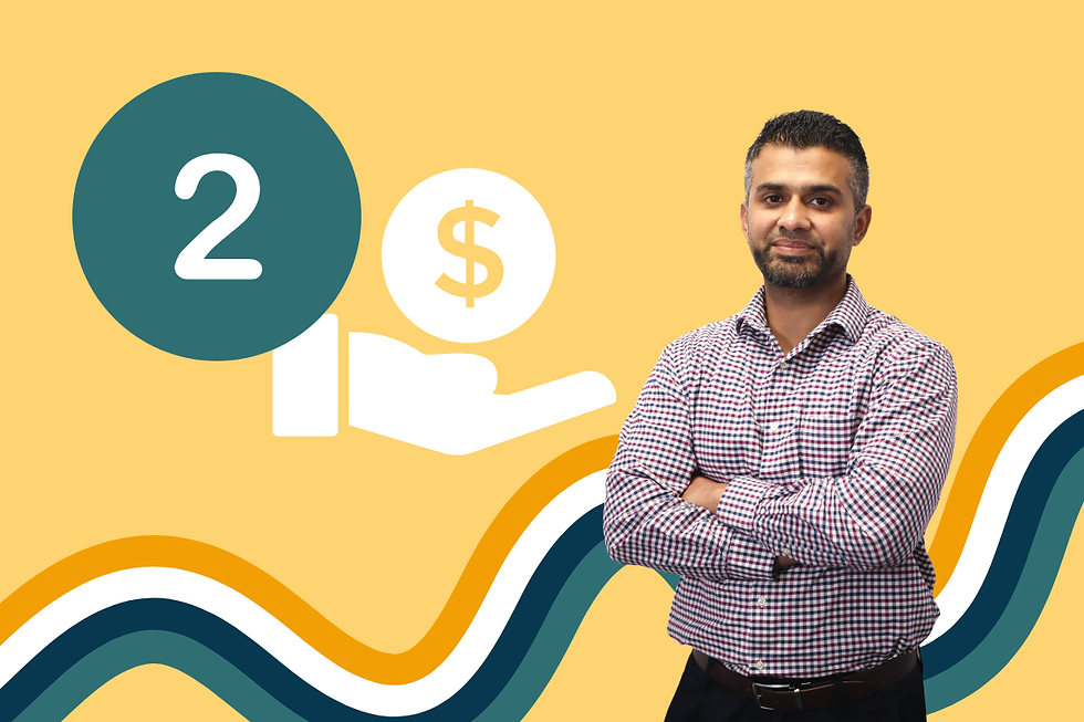 Man with arms crossed on yellow background beside a 2, dollar sign, and hand icon over wavy stripes.