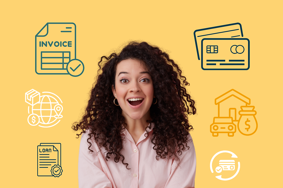 Smiling woman on yellow background surrounded by finance icons with INVOICE and LOAN labels.