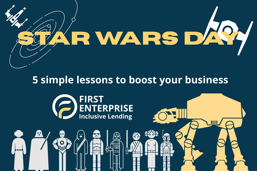 A graphic image with a navy-blue background and the text “Star Wars Day. 5 simple lessons to boost your business.” There are minimalist graphic icons of Star Wars characters, as well as the First Enterprise logo.