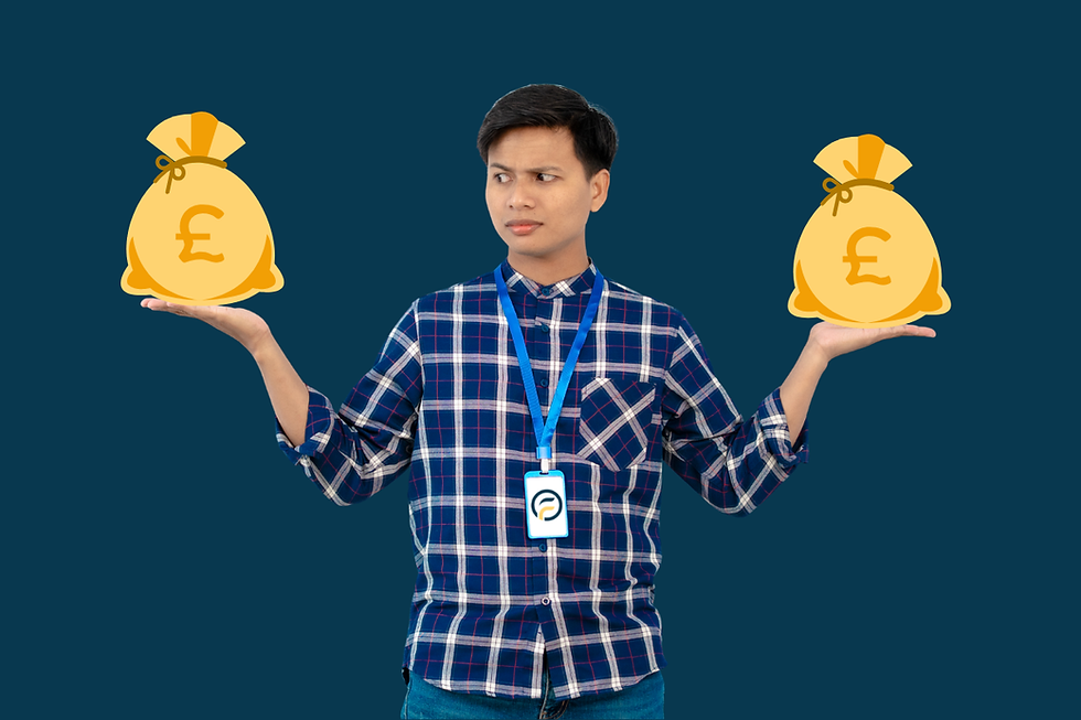 Puzzled man in plaid shirt holds two money bags with pound signs on a dark blue background, balancing wealth choices.