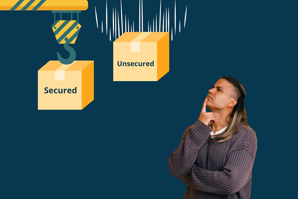 Man thinking beside a crane lifting a Secured box while an Unsecured box dangles over a dark blue background.