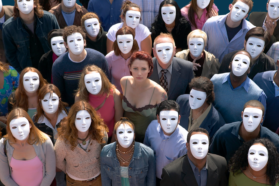 Crowd of masked people outdoors surround one unmasked red-haired woman, all looking upward under bright daylight.
