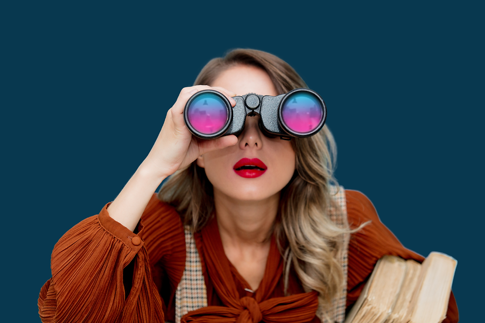 A young woman in a red top looks towards the camera with a pair of binoculars. The background is dark blue.