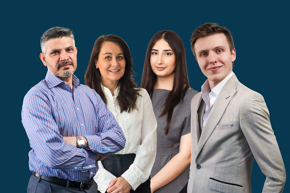 Four smiling professionals posed against a dark teal background, including a striped shirt, white blouse, gray dress, and light suit.