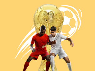 Two football players (one in a red kit, and one in a white kit) tussle in front of a giant version of the World Cup trophy. A graphic flying football is behind them against a yellow background.