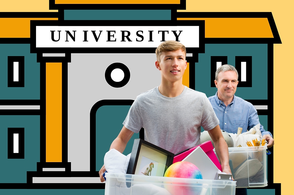 Student and man carry moving boxes in front of a UNIVERSITY building graphic, suggesting move-in day.