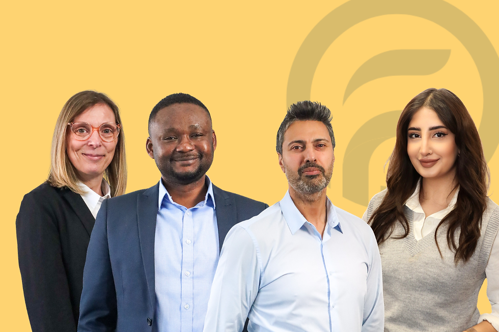 Four smiling business professionals on a yellow background with a large abstract logo.