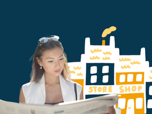 A young Asian woman in a white top with sunglasses resting on her head, reads a newspaper. Behind her is a graphic cartoon image of highstreet shops against a blue background.