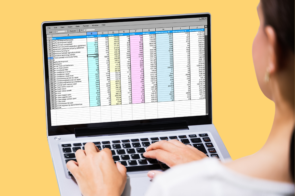 A young woman types on a laptop. The screen has a spreadsheet full of data. The background is yellow.
