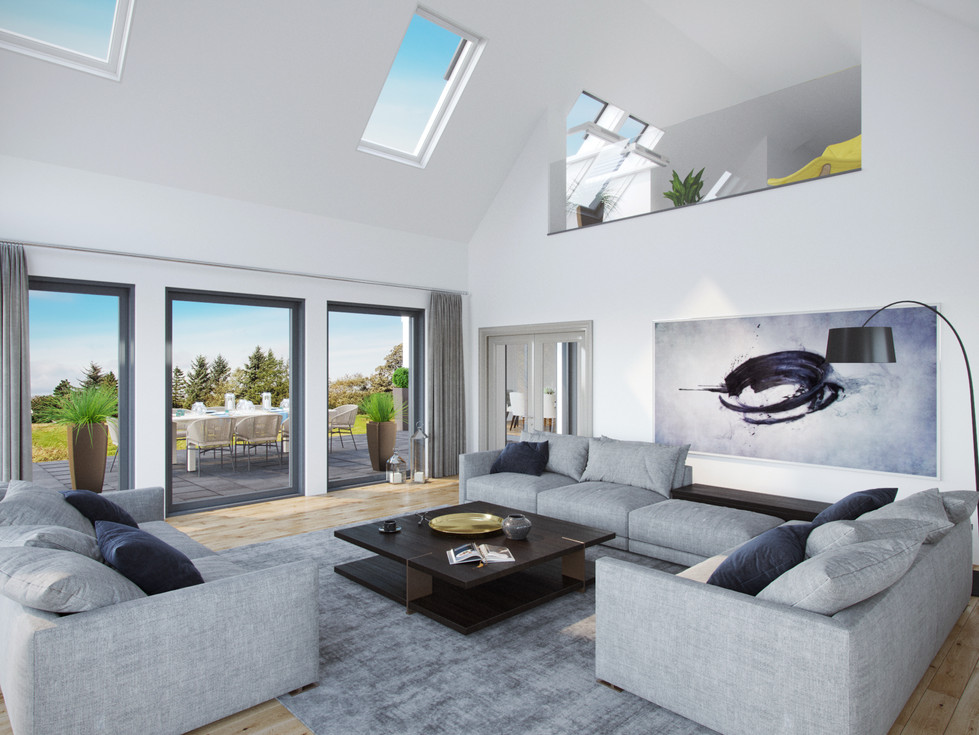 Lounge with vaulted ceiling and gallery