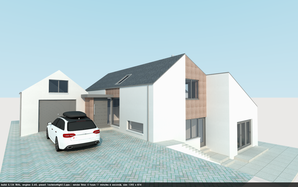 CGI model for contemporary split level house