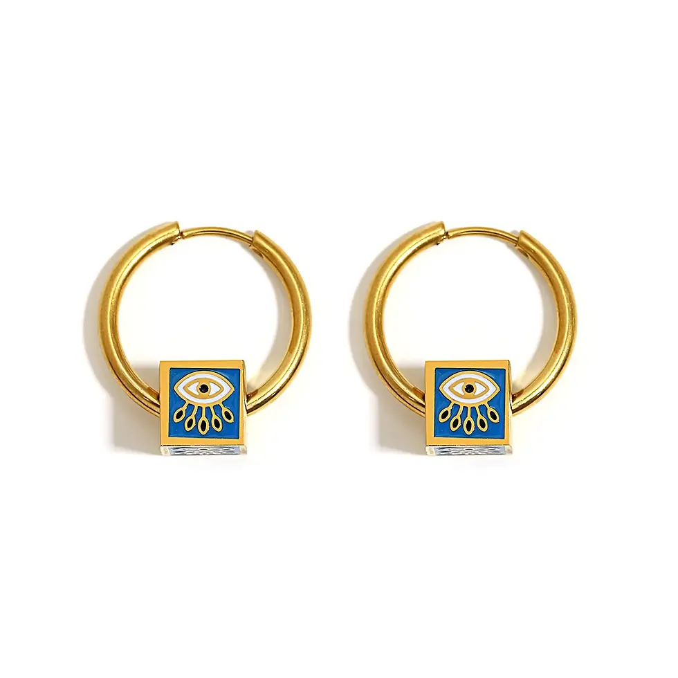 Thumbnail: Evil Eye Magic Cube: 18K Gold Waterproof Hoop Earrings