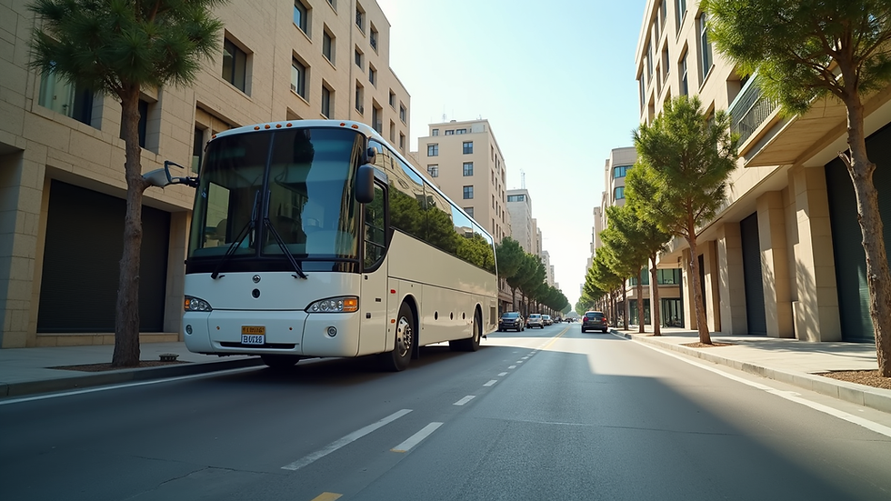 Eye-level view of a modern white tour bus parked in Jerusalem street