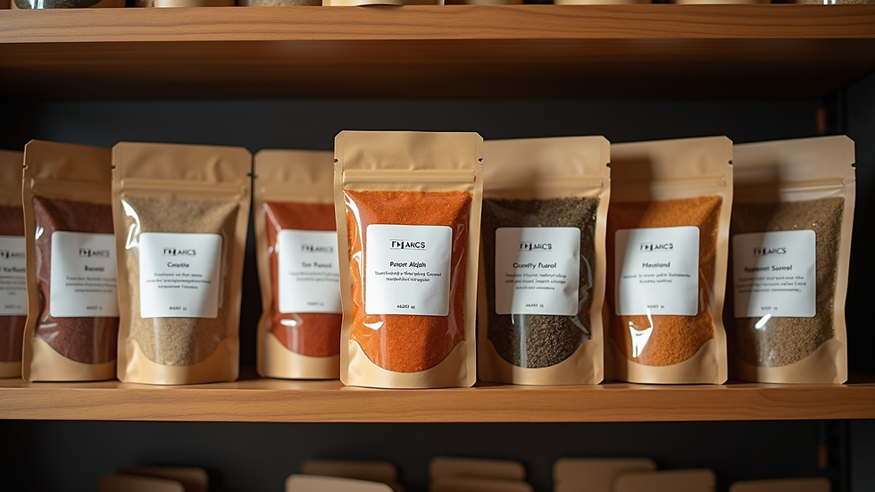 Eye-level view of sealed spice packets arranged on a wooden shelf