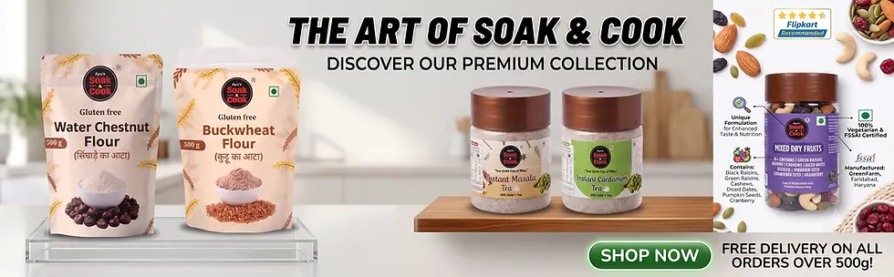 A wide banner for "Ayu's Soak & Cook" showcasing various food products including flours, teas, ready