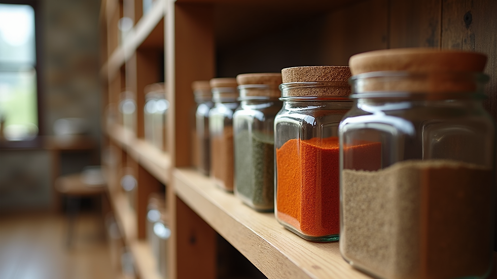 Eye-level view of spice jars arranged on a wooden shelf