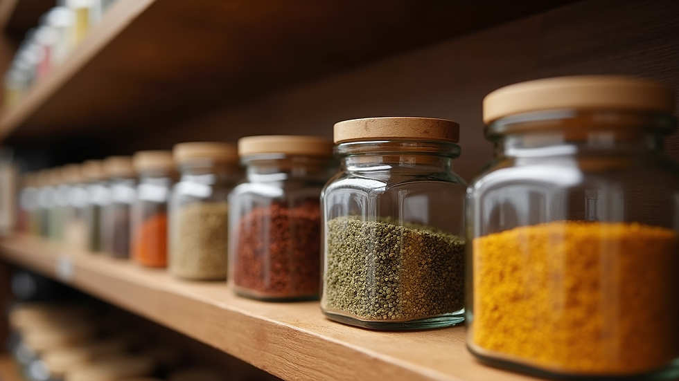 Eye-level view of spice jars arranged on a wooden shelf