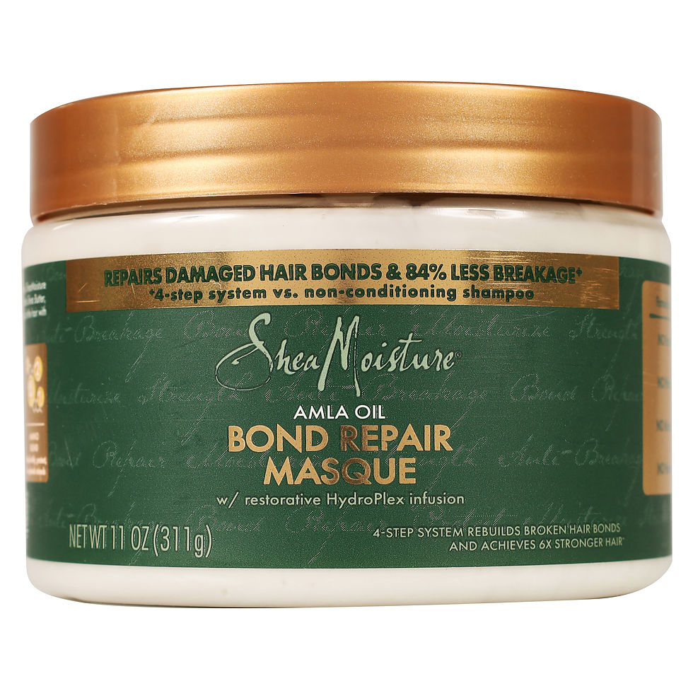 Green and gold SheaMoisture Amla Oil Bond Repair Masque jar. Text highlights hair bond repair and reduced breakage. 11 oz (311g).