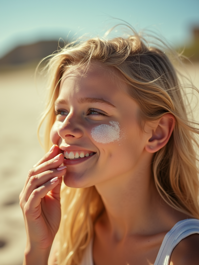 A woman with sunscreen on her cheek smiles at a sunny beach. Blonde hair, relaxed mood, clear blue sky background.