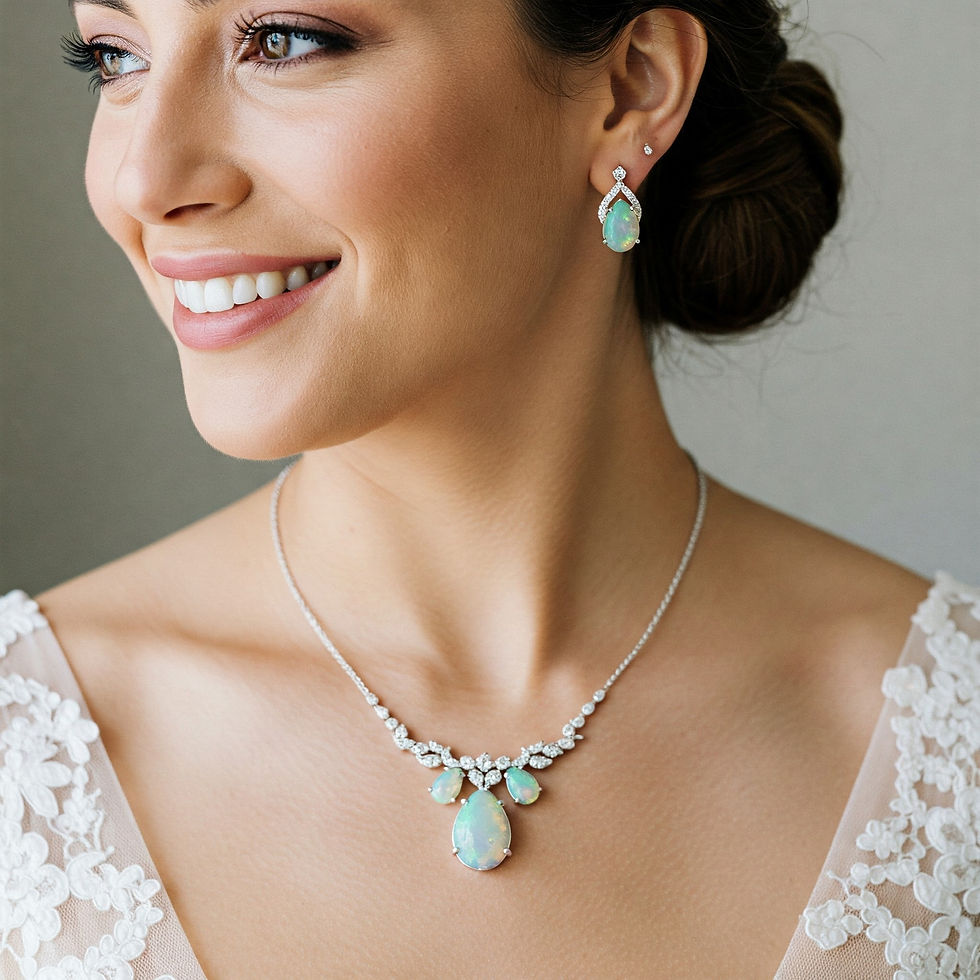 Smiling woman in lace dress, wearing opal necklace and earrings, hair in updo, neutral background. Elegant and serene mood.