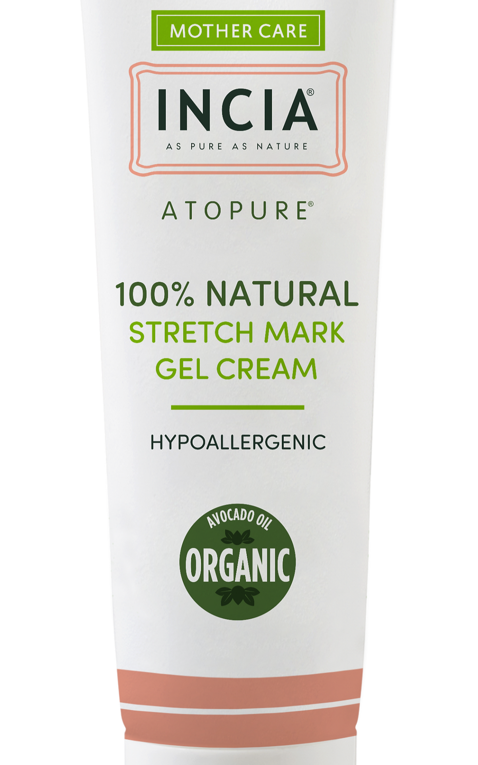 Tube of INCIAN 100% Natural Stretch Mark Gel Cream with avocado oil. White and green text, hypoallergenic, organic label.