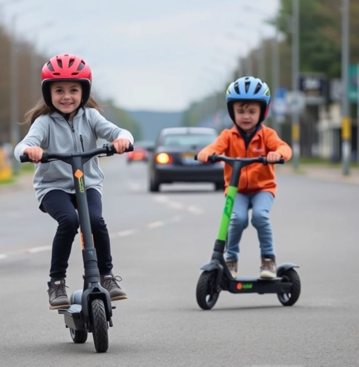 Two children in helmets ride e-scooters on a road. The girl wears a gray jacket; the boy, orange. Cars in the background. Playful mood.