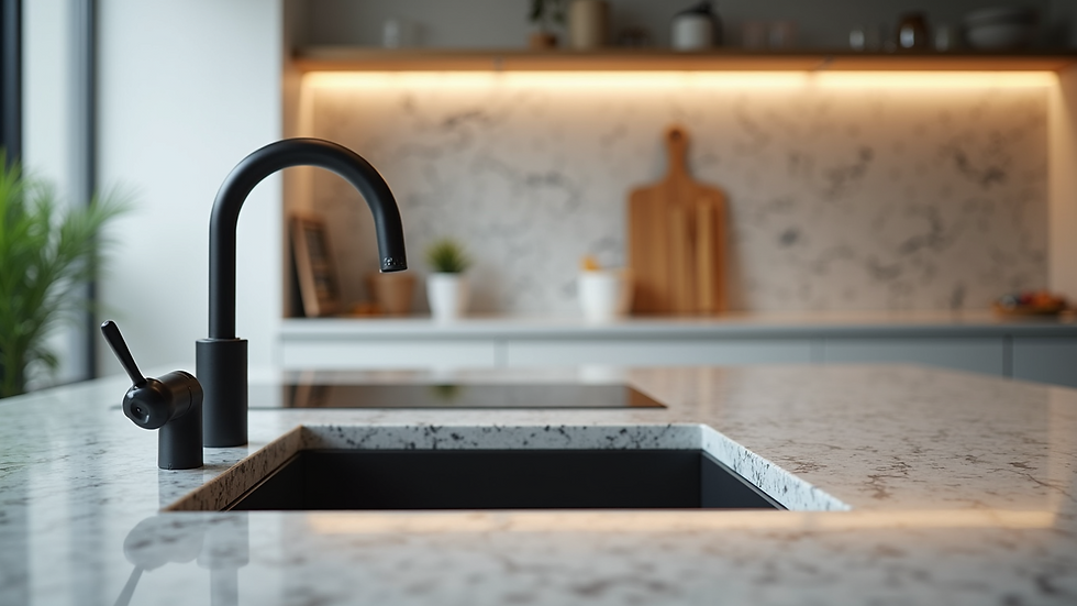 Close-up view of a kitchen countertop with granite surface and modern sink