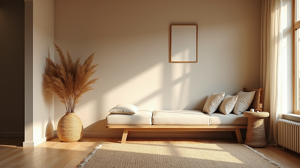 Wide angle view of a room featuring natural materials like wood and jute