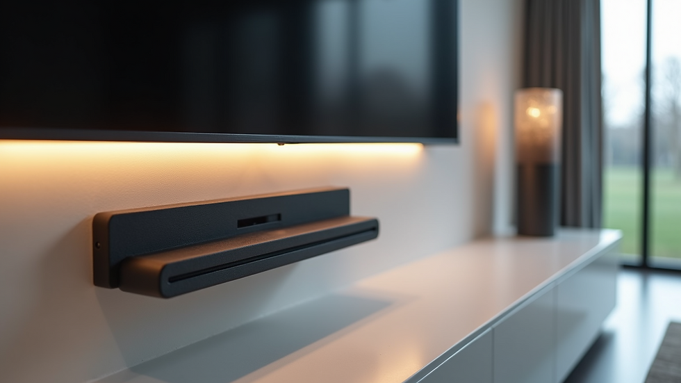 Close-up view of a sleek, wall-mounted minimalist TV unit with LED lighting