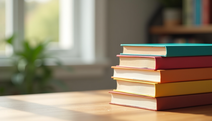 Vista ravvicinata di una pila di libri nuovi con copertine colorate su un tavolo di legno