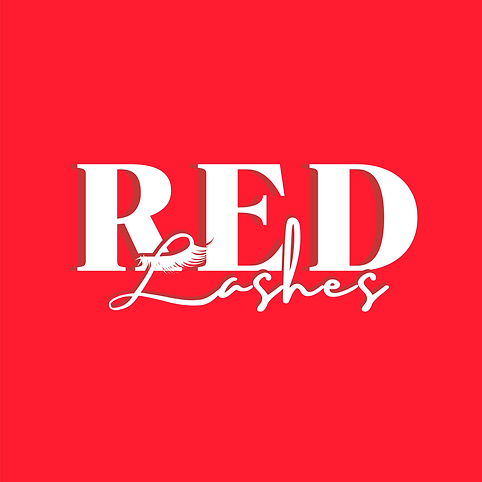 Logotipo fondo rojo con letras grandes que dice RED LASHES