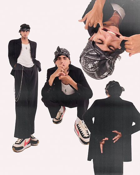 Collage de fotografías editoriales de un hombre tatuado con paliacate negro en la cabeza posando