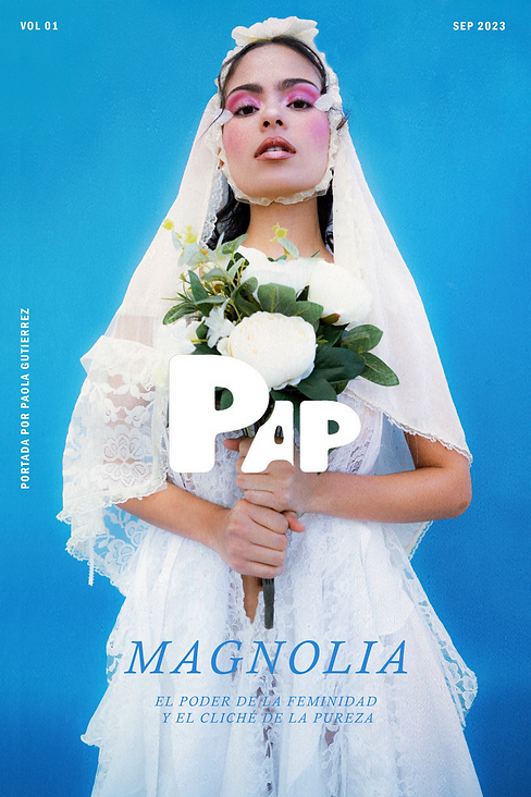 Una mujer con un vestido de novia sosteniendo un ramo de flores. Simula una portada de revista.
