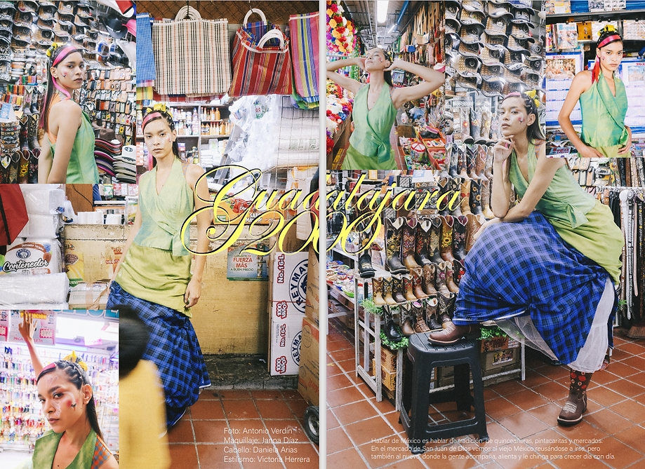 Collage de fotos que muestran a una mujer con una falda ampona en un mercado mexicano y maquillaje infantil.