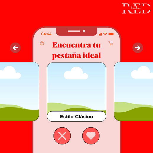 Post Instagram con fondo rojo que simula un celular con 3 imágenes que dice Encuentra tu pestaña ideal.