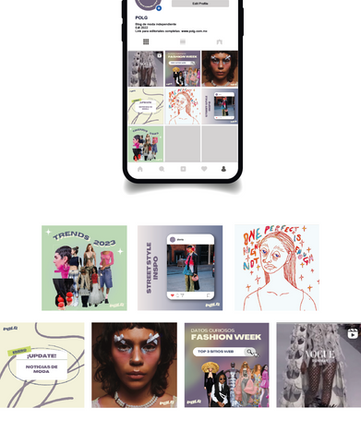 Prototipo de celular simulando un feed de Instagram de un blog. 
