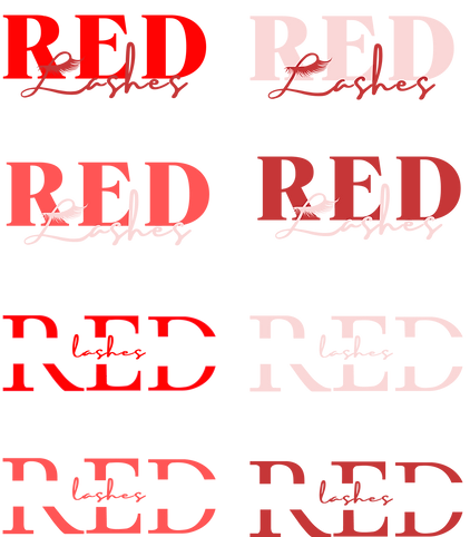 Variedad de logotipos que dicen RED LASHES en tonalidades rojas y rosas.