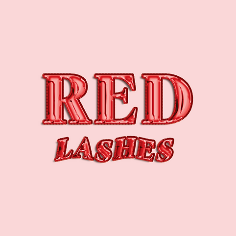 Logotipo con fondo rosa con letras grandes simulando globos metálicos que dice RED LASHES.